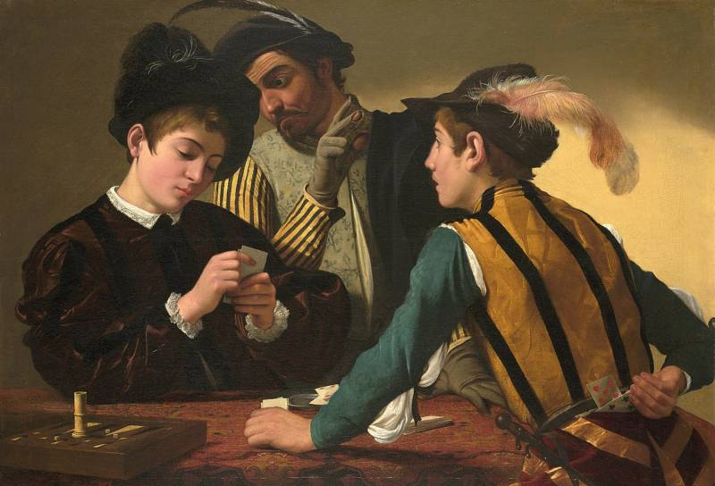 Gammelt maleri av tre menn som gambler